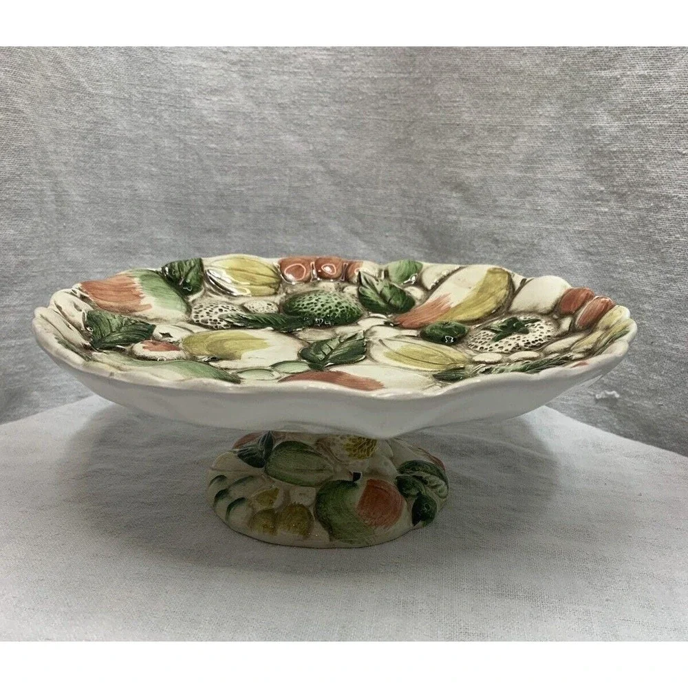 Lefton's Pedestal Dessert Plate Majolica Style Raised Fruit Design 8.5